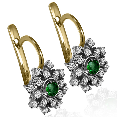 Russian style Emerald & Diamond Earrings 14K