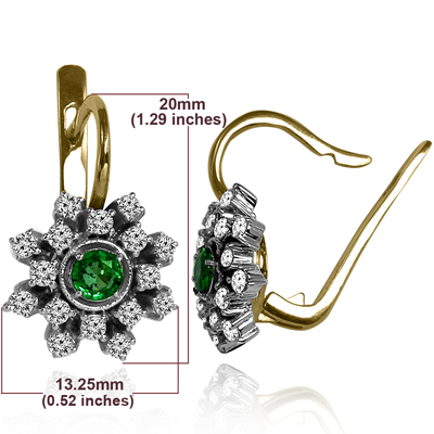 Russian style Emerald & Diamond Earrings 14K