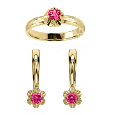 14k Gold Pink Sapphire Earrings and Ring Set
