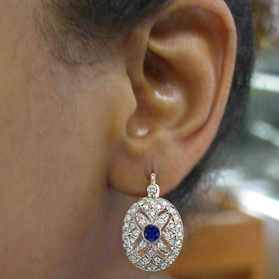 Russian Style Sapphire Diamond  Earrings 585 14k