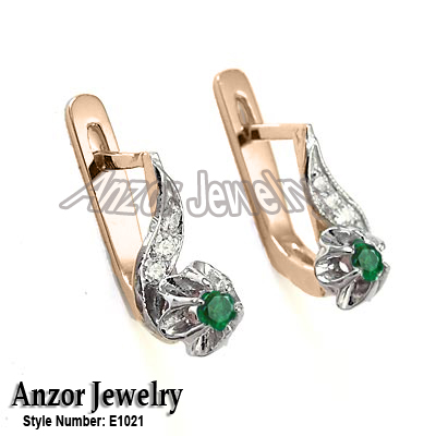 Russian Style Diamond & Emerald Earrings 14k Gold