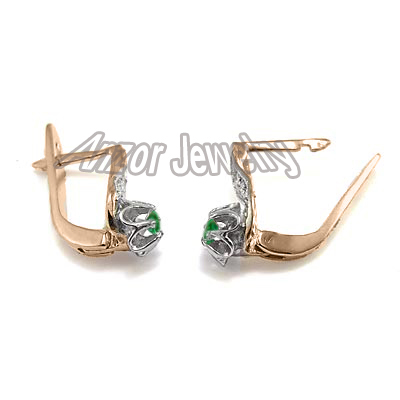 Russian Style Diamond & Emerald Earrings 14k Gold