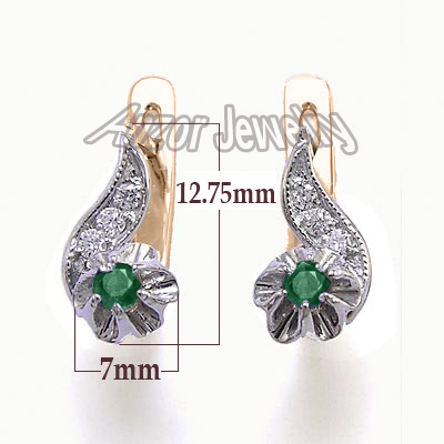 Russian Style Diamond & Emerald Earrings 14k Gold