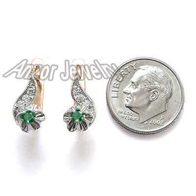 Russian Style Diamond & Emerald Earrings 14k Gold