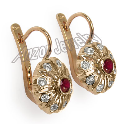 Russian Style Diamond & Ruby Earrings 14k Gold 585