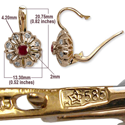 Russian Style Diamond & Ruby Earrings 14k Gold 585