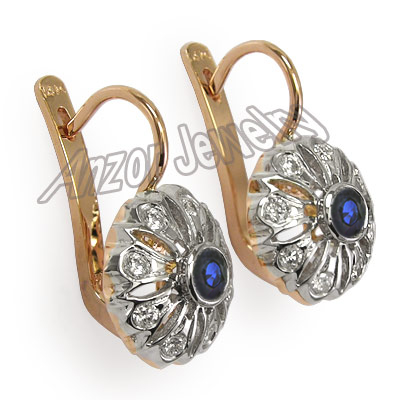 Russian Style Diamond & Sapphire Earrings 14k Gold