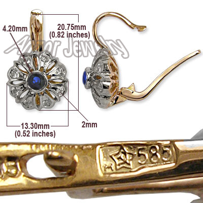 Russian Style Diamond & Sapphire Earrings 14k Gold