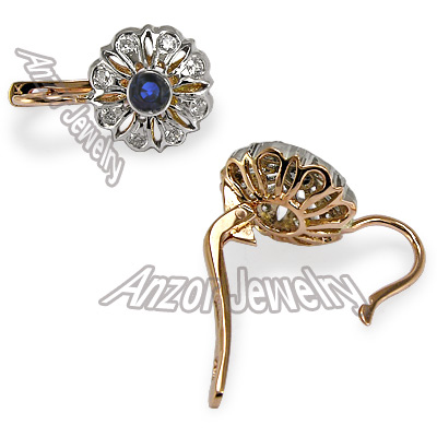 Russian Style Diamond & Sapphire Earrings 14k Gold