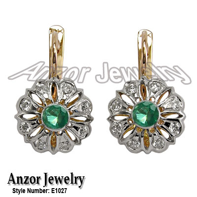 Russian Style Diamond & Emerald Earrings 14k Gold