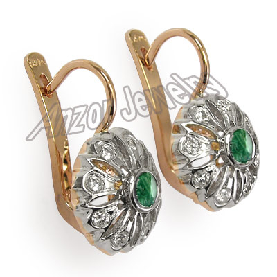 Russian Style Diamond & Emerald Earrings 14k Gold