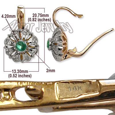 Russian Style Diamond & Emerald Earrings 14k Gold