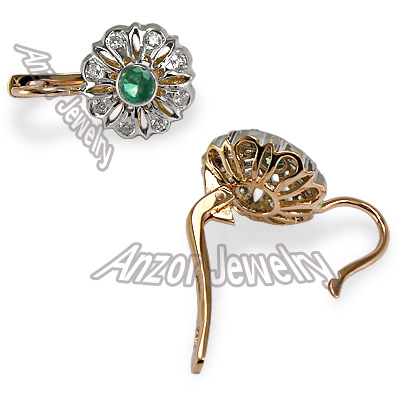 Russian Style Diamond & Emerald Earrings 14k Gold