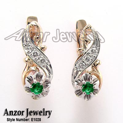 Old Russian style Diamond Emerald Earrings 14K