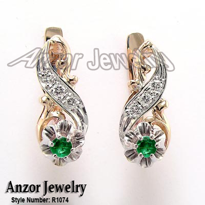 Russian style Diamond Emerald Earrings 18k gold