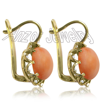 14k Solid Yellow Gold Coral Diamond Earrings