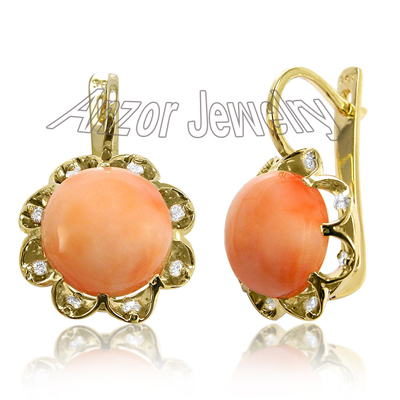 14k Solid Yellow Gold Coral Diamond Earrings
