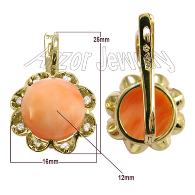 14k Solid Yellow Gold Coral Diamond Earrings