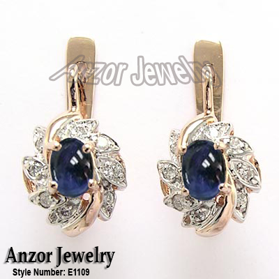 Russian Style Cabochon Sapphire & Diamond Earrings