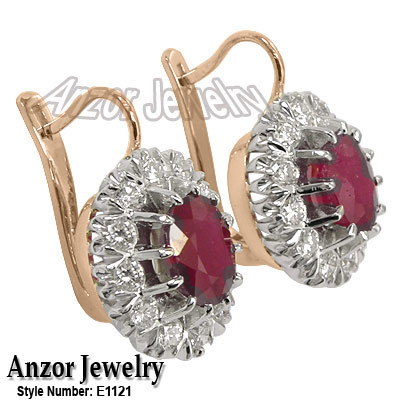 Russian Style Earrings Ruby and Diamond 14K 585