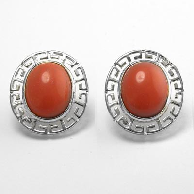 14k Gold Coral Greek Key Earrings