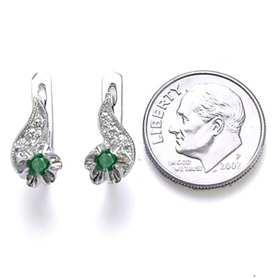 Russian Style Diamond & Emerald Earrings 14k Gold