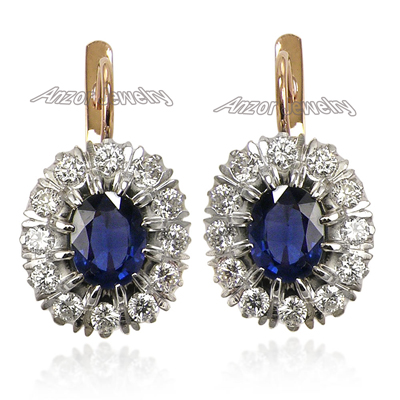 Russian style Sapphire and Diamond Earrings 14K
