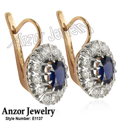 Russian style Sapphire and Diamond Earrings 14K