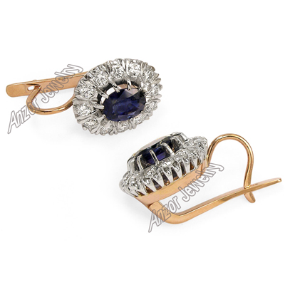 Russian style Sapphire and Diamond Earrings 14K