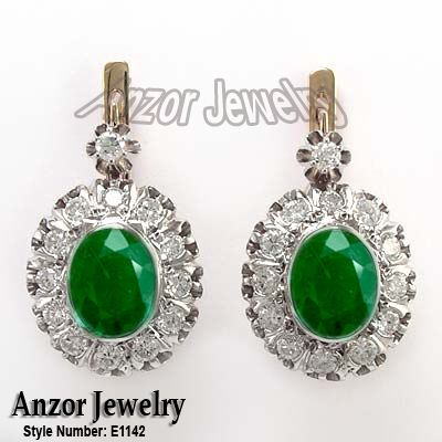 Russian Style Diamond Emerald Earrings 14k gold