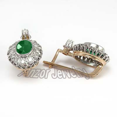 Russian Style Diamond Emerald Earrings 14k gold