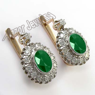 Russian Style Diamond Emerald Earrings 14k gold