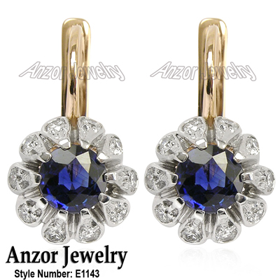 Russian Style Earrings Sapphire Diamond 14k Gold