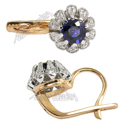 Russian Style Earrings Sapphire Diamond 14k Gold