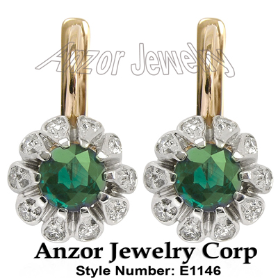 Russian Style Emerald Diamond Earrings 14k Gold