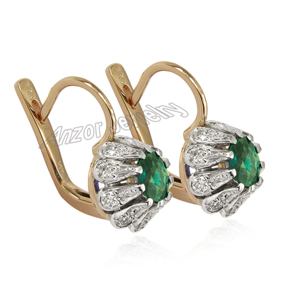 Russian Style Emerald Diamond Earrings 14k Gold