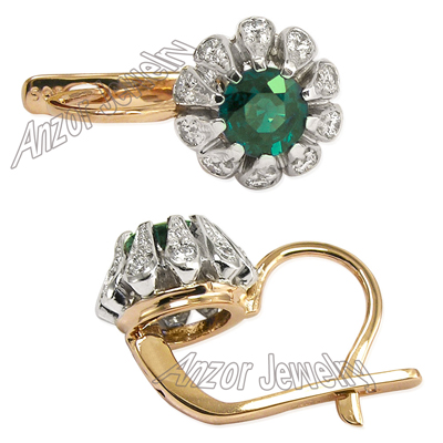 Russian Style Emerald Diamond Earrings 14k Gold