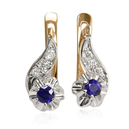 Russian Style Diamond & Sapphire Earrings 14k Gold