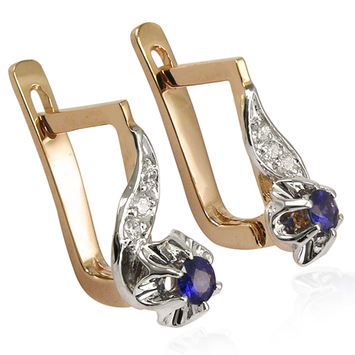 Russian Style Diamond & Sapphire Earrings 14k Gold