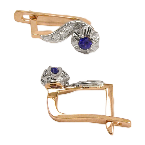 Russian Style Diamond & Sapphire Earrings 14k Gold