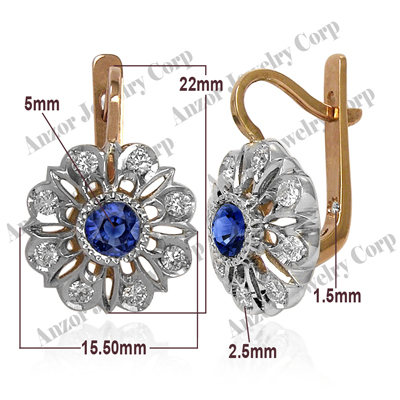 Russian style Sapphire & Diamond Earrings 14K