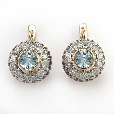 Russian Style Diamond & Aquamarine Earrings 585