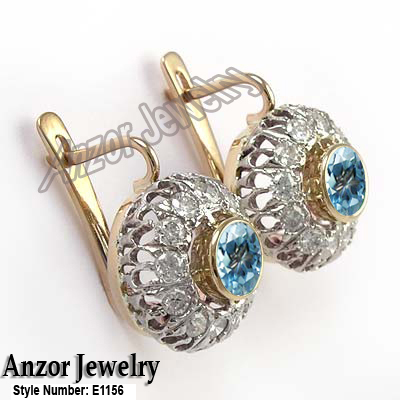 Russian Style Diamond blue Topaz Earrings 14k gold