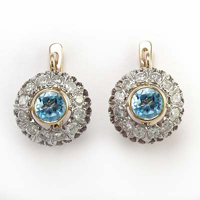 Russian Style Diamond blue Topaz Earrings 14k gold