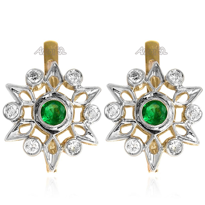 Russian Style Diamond & Emerald Earrings 585 14k