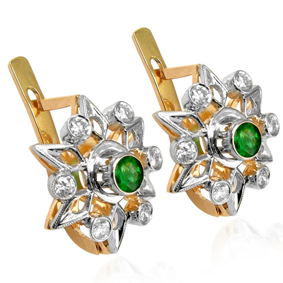 Russian Style Diamond & Emerald Earrings 585 14k