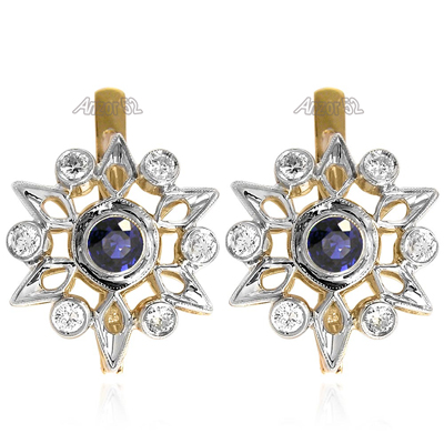 Russian Style Diamond & Sapphire Earrings 585 14k