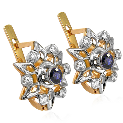 Russian Style Diamond & Sapphire Earrings 585 14k