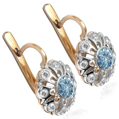 Russian Style Diamod & Aquamarine Earrings 14k