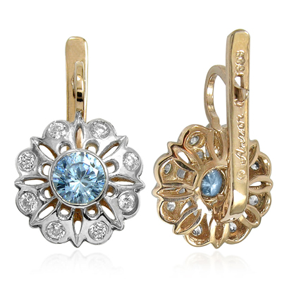 Russian Style Diamod & Aquamarine Earrings 14k
